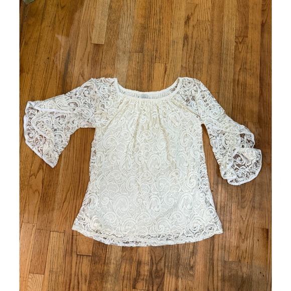 WinWin Tops - Ivory Lace Blouse Lined L/XL 3/4 Bell Sleeve Festival Cottage Whimsigoth Tunic